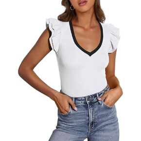 PRETTYGARDEN Womens V Neck Summer Tops Ruffle Sleeveless Slim Fit T Shirts Going Out Casual Blouses 2025