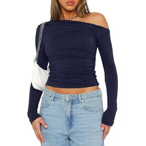 Darong Women's Casual Long Sleeve Boat Neck Off Shoulder Slim Fit Crop Top Going Out Blouses Y2K Tight Shirts