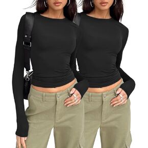 AUTOMET Womens Long Sleeve Shirt Basic Crop Tops Fall Fashion Underscrubs Layer Slim Fit Winter Clothes