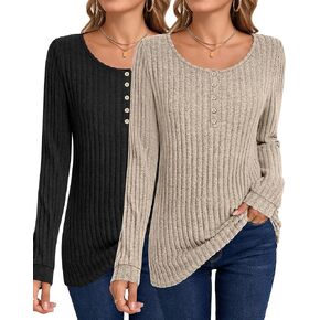 Ficerd 2 Pcs Women's Lightweight Sweaters Long Sleeve Ribbed Knit Tops Henley Shirts Crew Neck Casual Tee Solid Color Tunics