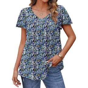 HOTOUCH Womens Flutter Sleeve Pleated Tunic Plus Size Tops Casual V Neck Blouses Loose Boho Floral Short Sleeve Summer Shirts in Kuwait