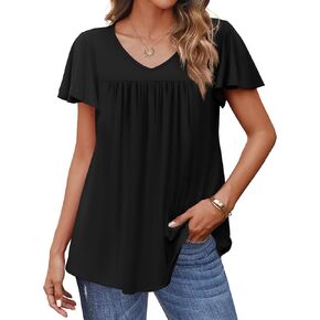 HOTOUCH Womens Flutter Sleeve Pleated Tunic Plus Size Tops Casual V Neck Blouses Loose Boho Floral Short Sleeve Summer Shirts