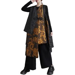 ellazhu Women's Outerwear V-Neck Sleeveless Black and Golden Dragon Pattern Oversize Loose GZ241 A