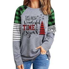 Merry Christmas Shirt for Women Leopard Plaid Christmas Tree Plus Size Long Sleeve Holiday Tee Tops