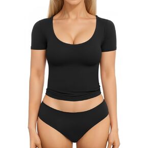 MANGOPOP Women's Scoop Neck Slim Fit Short Long Sleeve Double Lined T Shirt Tight Basic Tops Y2K Tee
