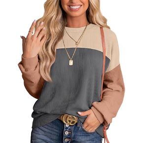 WIHOLL Womens Fall Fashion 2024 Color Block Long Sleeve Crewneck Knitted Ribbed Shirts Tunic Tops Casual Loose Trendy