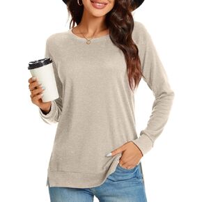 TAOHUADAO Women's Long Sleeve T-Shirt Side Split Tunic Tops for Leggings Loose Crewneck Sweater