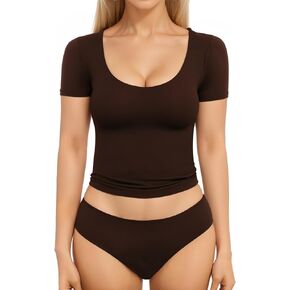 MANGOPOP Women's Scoop Neck Slim Fit Short Long Sleeve Double Lined T Shirt Tight Basic Tops Y2K Tee in Saudi Arabia