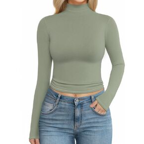 MANGOPOP Women's Turtle Neck T-Shirt Long Sleeve Crop Top Hourglass Shaped Slim Fit Top