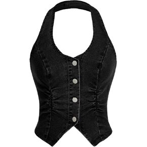 OYOANGLE Women's Vintage Button Front Halter Denim Tops Asymmetrical Hem Ruched Crop Jean Vest