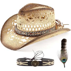 Men's Women's Western Straw Cowboy Hat,Cowgirl Hat with Two Decorative Bands,Shapeable Brim Woven Sun Hat