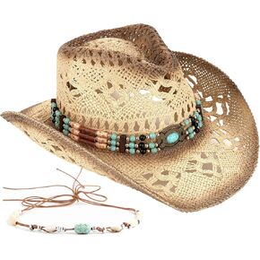 Men's Women's Straw Cowboy Hat Cowgirl Woven Sun Hat Western Cowboy Hat Two Decorative Bands