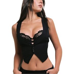 Y2K Button Down Dressy Vest Retro Vintage Black Cute Frill Sleeveless Crop Top Vest 90S Grunge Shirts