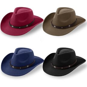 4 Pcs Classic Western Cowboy Hat Men Felt Wide Brim Cowgirl Hats Women Belt Buckle Panama Hat for Adults Kids