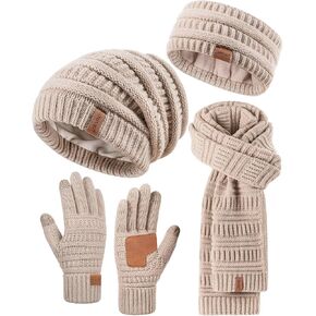 Womens Winter Beanie Hat Scarf Gloves Headband Set, Slouchy Beanie Ear Warmer Knit Scarf Touchscreen Gloves Warm 4 Gift Set