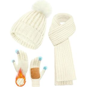 Winter Hat Scarf Glove Set for Women, Thermal Beanie with Pom Pom, Thickened Knit Scarf, Touchscreen Non-Slip Gloves