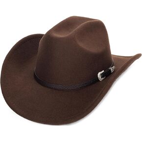 Womens Western Cowboy Hats Studded Pinched Western Cowgirl Hats Wide Brim Fedoras Hat with Belt Buckle (Size:Medium)