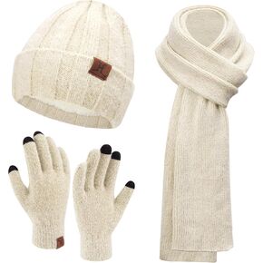 Womens Winter Warm Knit Beanie Hat Touchscreen Gloves Long Neck Scarf Set with Fleece Lined Skull Caps Gifts for Women