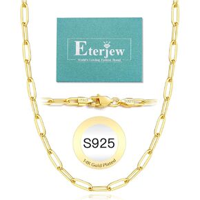 Italy 14K Real Gold Over 925 Sterling Silver Paperclip Chain Necklace for Women, 3/4/5mm Women's Paperclip Chain Necklace, World's Top Craftsmanship Necklace for Women 16 18 20 22 24 26 Inch