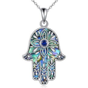 Hamsa Necklace 925 Sterling Silver Evil Eye Hamsa Hand Abalone Shell Pendant Necklace Good Luck Jewelry Gift for Women