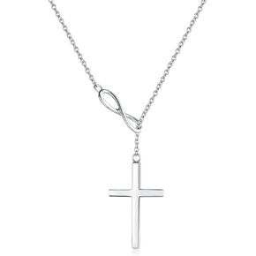 FANCIME White Gold Plated 925 Sterling Silver High Polished Infinity Cross Pendant Lariat Necklace Y Necklace Easter Gift for Women Girls, 18"