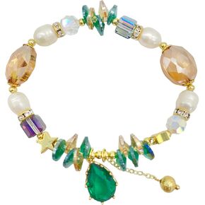 Yenktwei Pearl Beads Bracelet Bohemian 14K Gold Baroque Bracelets for Women Stretch Boho Jewelry for Girls Handmade Star Flower Irregular Beading Colorful Crystal Gift