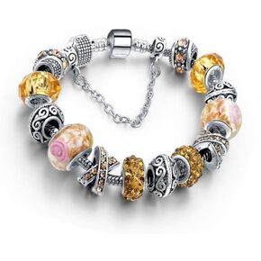 Savlano Silver Tone Charm Bracelet with Crystal and Murano Glass Beads Snake Chain for Women Comes in a Gift Box
