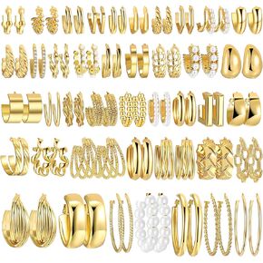 42 Pairs Gold Hoop Earrings Set for Women, Fashion Chunky Pearl Earrings Multipack Twisted Statement Earring Pack, Hypoallergenic Small Big Hoops Earrings for Birthday Party (Gold-42 pairs)