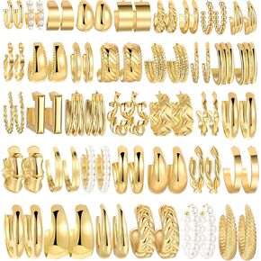 36 Pairs Gold Hoop Earrings Set for Women, Fashion Chunky Gold Hoop Earrings Multipack, Hypoallergenic Pearl Chain Twisted Statement Earring Pack for Birthday Party Jewelry