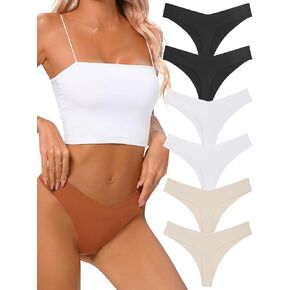 Seamless Thongs for Women No Show Thong V-waisted Stretch Breathable Sexy Panties Underwear 6 Pack