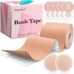 شريط رفع الثدي من Boob Tape للثدي الكبير مع قطعتين من أغطية الحلمات شريط غير مرئي لكأس A-G (بيج، 3 بوصات)