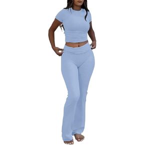 AYWA Women's 2 Piece Lounge Sets Short Sleeve Crop Top Foldover Flare Pants Casual Pajama Outfits