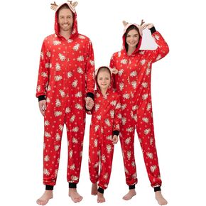 ESHOO Family Matching Christmas Pajamas Long Sleeve Elk Antler Hooded Zipper One Piece Xmas Sleepwear Set for Men Women