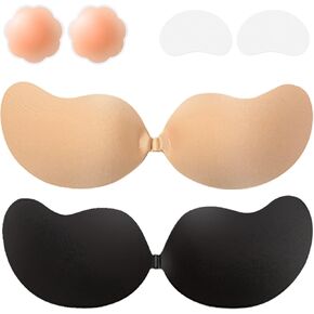 Sticky Bra Adhesive Push Up Invisible Strapless Bras for Women 2 Pairs Reusable with Nipple Covers for Backless Dresses