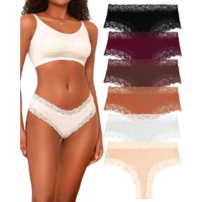 FINETOO Womens Cotton Underwear Sexy Lace Hipster Panties Soft Breathable Cotton Brazilian Bikini Ladies 6 Pack