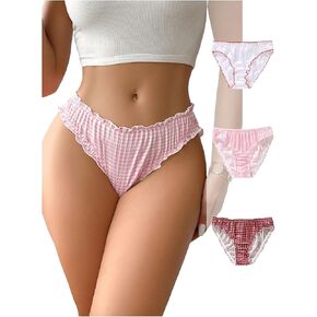 Women's 3 Pack Briefs Plaid Houndstooth Print Hipster Underwear Lettuce Trim Low Rise Panties Breathable Underwear