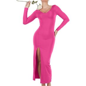 Popilush Shapewear Dresses for Womens Long Sleeve V Neck Maxi Dress with Slit Bodycon Wedding Guest Formal Fall Dress