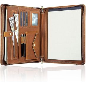 Calfinder Zippered Portfolio Folder, Leather Business Organizer for Documents, Resume Padfolio Folio with A4/Letter Size Notepad Holder, Padfolio for 13.3" iPad & MacBook, Brown