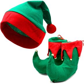 Adults Christmas Elf Shoes with Hat Set, Xmas Fancy Dress Santa’s Little Helper Elves Covers Red Green Boots Hat Accessories