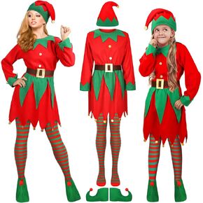 Newcotte Christmas Elf Costume Set Kids Women Elf Costume Suit Elf Hat Santa Dress Stocking Shoe Belt Xmas