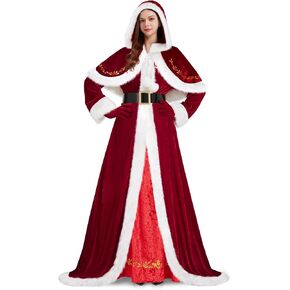 4 Pieces Mrs Claus Costume for Women, Adult Santa Costumes Claus Dress Christmas Outfit with Hooded Cape Gloves Belt