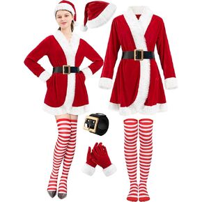 5 Pcs Mrs Claus Costume Adult Women, Santa Christmas Outfits for Women Velvet Dress with Belt High Socks Hat Gloves