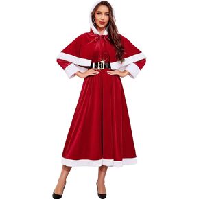 RSLOVE Christmas Dresses for Women - Mrs Claus Santa Costume with Removable Hooded Cape and Belt Holiday Party Outfit