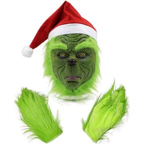 Christmas Costume Mask and Gloves, Green Monster Face Mask With Santa Hat for Christmas Halloween, Costume Latex Mask Adult, Scary Mask for Men Women Party Prop Christmas Decorations