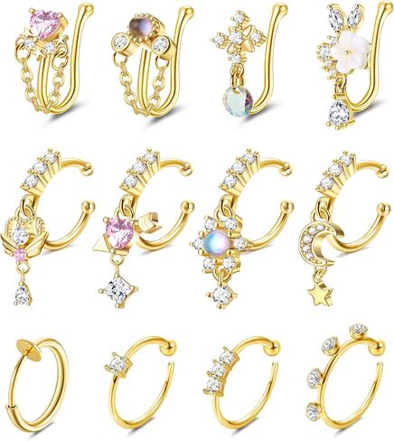 Florideco Nose Cuff Fake Nose Ring Hoop Clip on Nose Ring CZ Dangle Fake Nose Ring Cartilage Tragus Ring Nose Cuff Non Piercing for Women Men in Kuwait