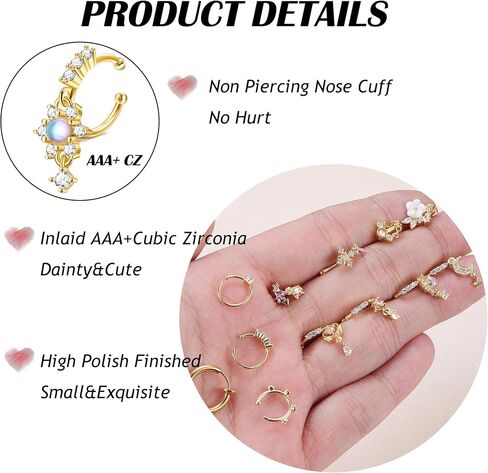 Florideco Nose Cuff Fake Nose Ring Hoop Clip on Nose Ring CZ Dangle Fake Nose Ring Cartilage Tragus Ring Nose Cuff Non Piercing for Women Men in Kuwait