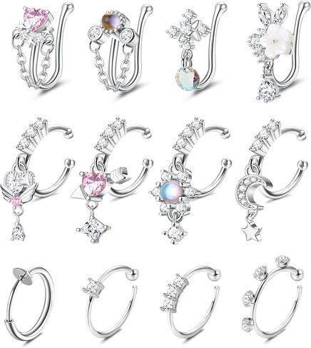 Florideco Nose Cuff Fake Nose Ring Hoop Clip on Nose Ring CZ Dangle Fake Nose Ring Cartilage Tragus Ring Nose Cuff Non Piercing for Women Men in Kuwait