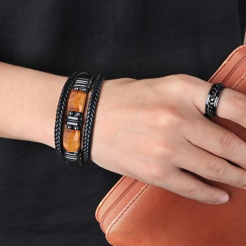 𝗚𝗶𝗳𝘁𝘀 𝗳𝗼𝗿 𝗠𝗲𝗻 𝗟𝗲𝗮𝘁𝗵𝗲𝗿 𝗕𝗿𝗮𝗰𝗲𝗹𝗲𝘁 With Tigers Eye, Father's Day Christmas Anniversary Birthday Gifts for Son Husband Grandson Boyfriend Brother Dad Love You Forever Bracelets for Men in Kuwait