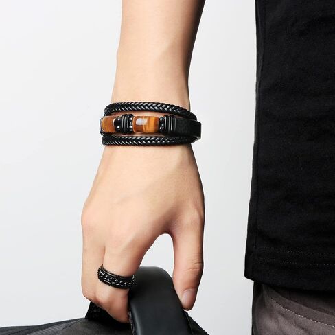 𝗚𝗶𝗳𝘁𝘀 𝗳𝗼𝗿 𝗠𝗲𝗻 𝗟𝗲𝗮𝘁𝗵𝗲𝗿 𝗕𝗿𝗮𝗰𝗲𝗹𝗲𝘁 With Tigers Eye, Father's Day Christmas Anniversary Birthday Gifts for Son Husband Grandson Boyfriend Brother Dad Love You Forever Bracelets for Men in Kuwait