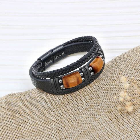 𝗚𝗶𝗳𝘁𝘀 𝗳𝗼𝗿 𝗠𝗲𝗻 𝗟𝗲𝗮𝘁𝗵𝗲𝗿 𝗕𝗿𝗮𝗰𝗲𝗹𝗲𝘁 With Tigers Eye, Father's Day Christmas Anniversary Birthday Gifts for Son Husband Grandson Boyfriend Brother Dad Love You Forever Bracelets for Men in Kuwait